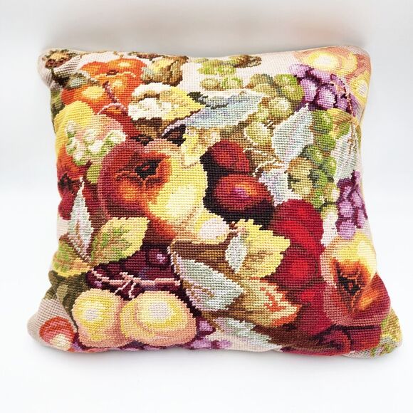 Vintage Needlepoint Throw Pillow Bright Fruit Handmade 15in Square Peach Grapes